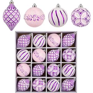16PCS Shatterproof Christmas Ball Ornaments Set, Hand-Painted Holiday Decor with Assorted Sizes & Designs for Christmas Tree Thanksgiving Party Decoration, Purple-White