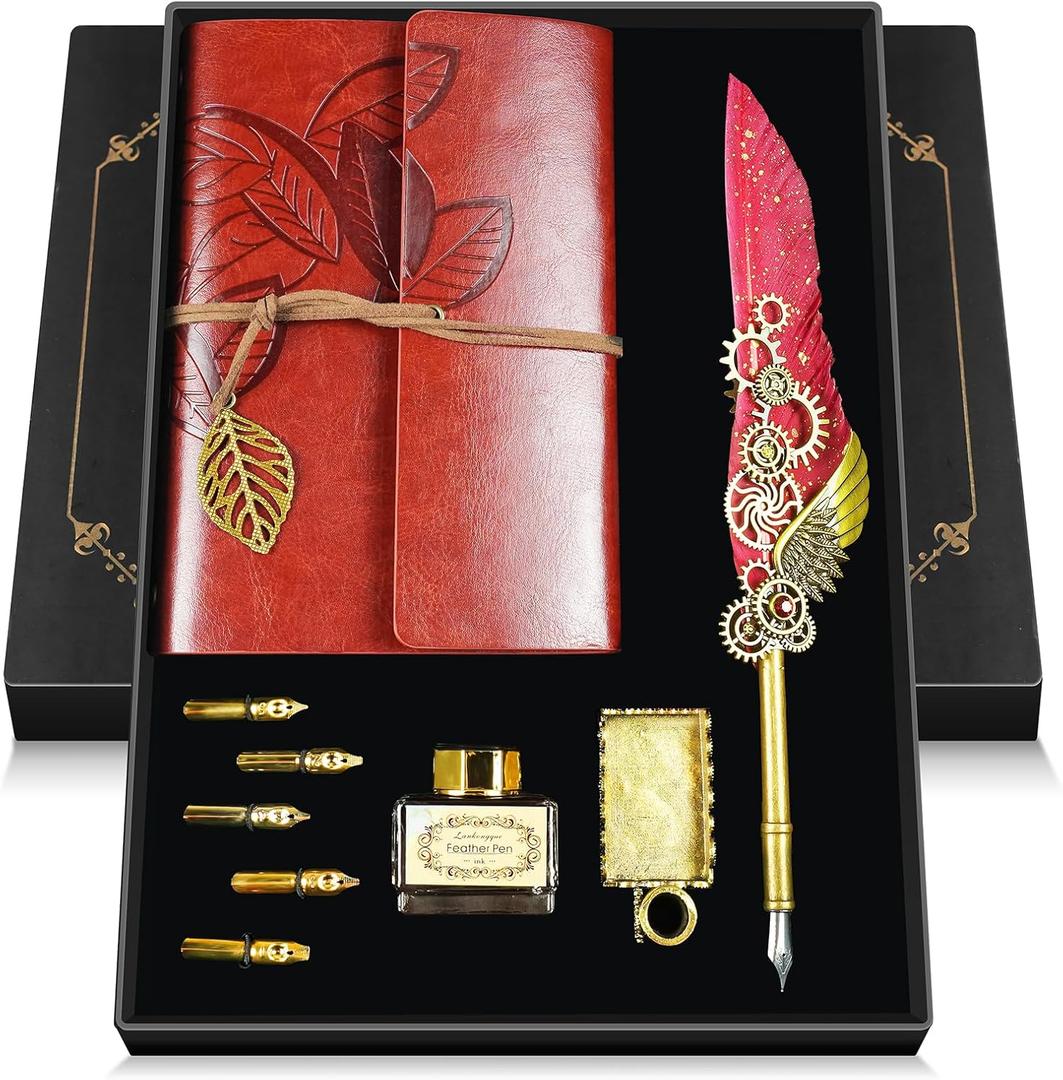 Feather Quill Pen and Ink Set,Antique Calligraphy Set with Leather Journal Notebook,Feather Pen,5 Gold Nibs,Pen Holder,Ink,Calligraphy Kits for Beginners Christmas Gift (Red)