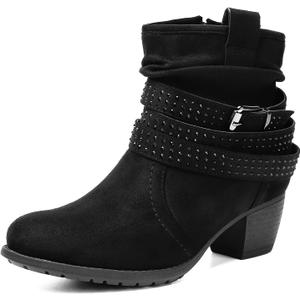 Women's Mid Calf Boots,Round Toe Comfort Low Heel Slouchy Dress zip booties with Jeweled strap (6, Black1)