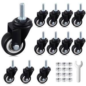 BBTO 12 Pack 1.5 Inch Swivel Caster Wheels PU 360 Degree Threaded Stem Caster Wheel M8 x 25mm, 330lb Total Load Capacity, for Handcarts, Furniture, Flatbed Carts, Workbenches, Small Equipment
