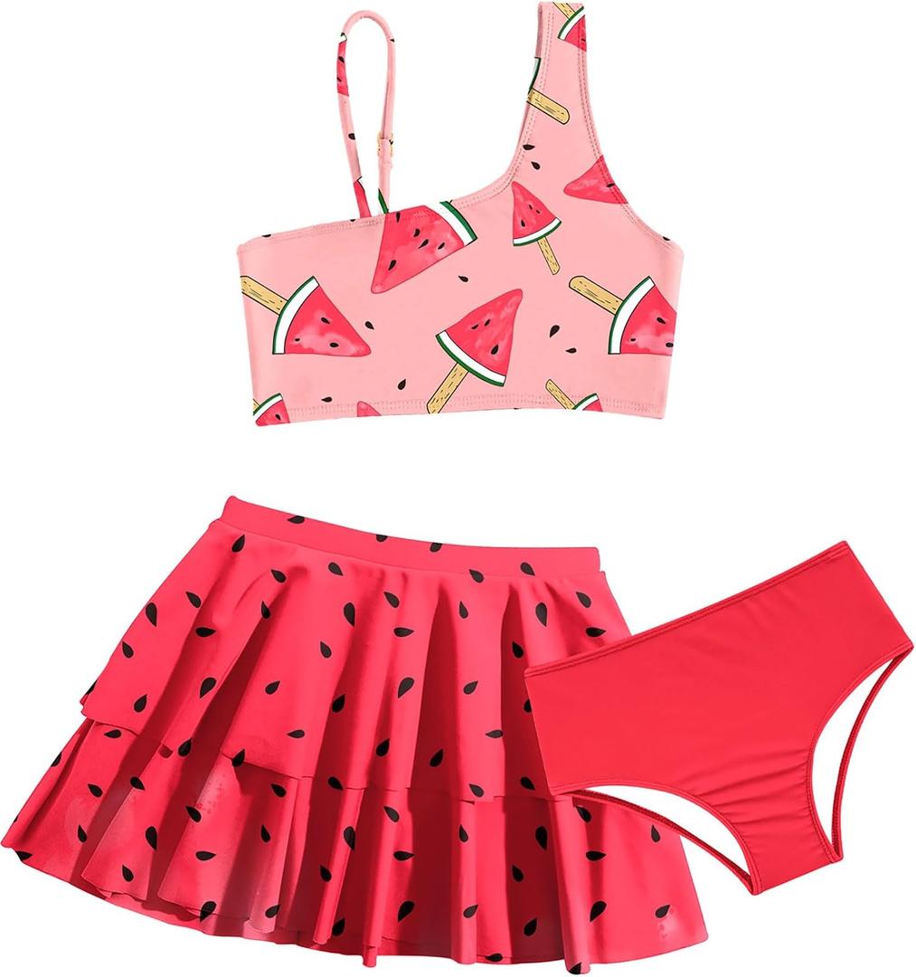 RAISEVERN Girls Swimsuit 3 Piece Bathing Suits Cute Quick Dry Bikini Tankini Sets with Cover Ups Beach Skirt for 7-8 Years