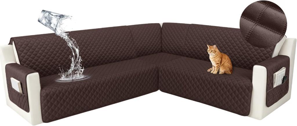 HDCAXKJ Waterproof Corner Sectional Couch Cover Velvet L Shape Sofa Covers for Pets Dogs Soft Heavy Duty U Shaped Sofa Slipcovers Sets for Sectional Non Slip Furniture Protector (Dark Brown, X-Large)