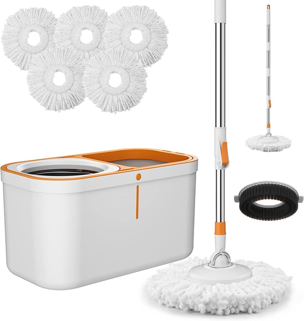 Spin Mop Bucket with Wringer System Extended Mop Handle 61Mop and Bucket for Floors Cleaning with 5 Replacement Head Refill 1 Cleaning Brush Head