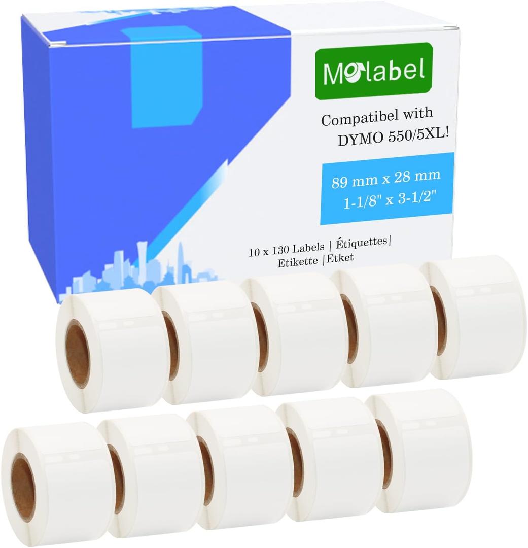 Address & Barcode Labels Replacement for DYMO 30251 (1-1/8" x 3-1/2") [10 Rolls/1300 Labels] Compatible with DYMO Labelwriter 450, 4XL,550,5XL & Zebra Desktop Printers
