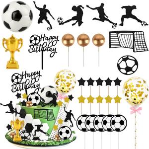 Hooqict 28Pcs Soccer Cake Decorations Set with Mini Balls, Players, Goal, Balloon, Soccer Ball Cake Toppers & Cupcake Toppers for Kids Boys Men Sports Themed Birthday Party Decorations Supplies