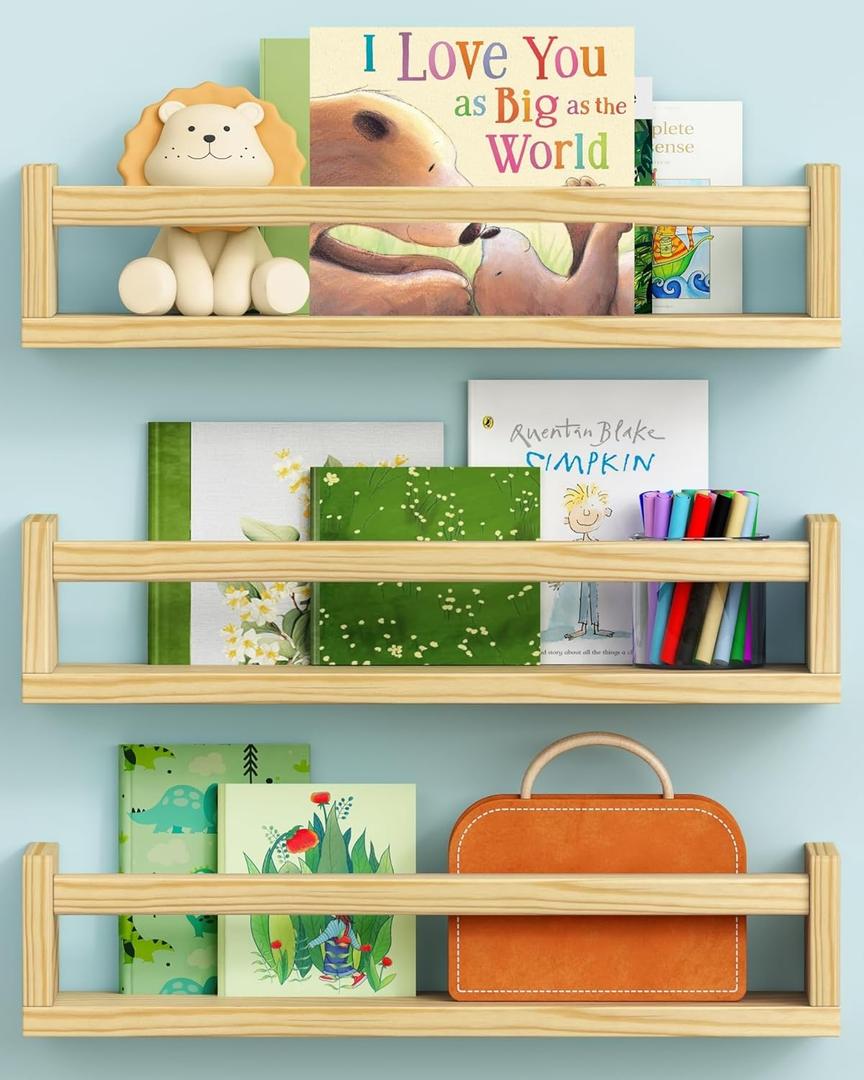 Floating Nursery Book Shelves for Wall, Natural Wood Wall Bookshelf for Kids Room Bedroom, Small Wooden Hanging Baby Book Shelf and Toy Organizer for Nursery Girl Boy Toddler Child - Set of 3 (16.5 Inch Long)