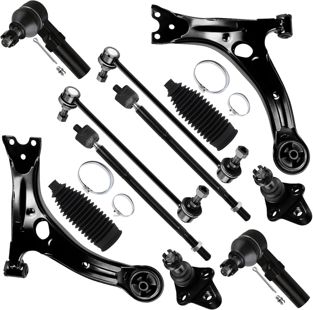 SCITOO 12pcs Front Suspension Kit Lower Control Arm Lower Ball Joint Inner Outer Tie Rod End w/Boot Sway Bar End Link Replacement for 2009-2013 for Toyota Corolla