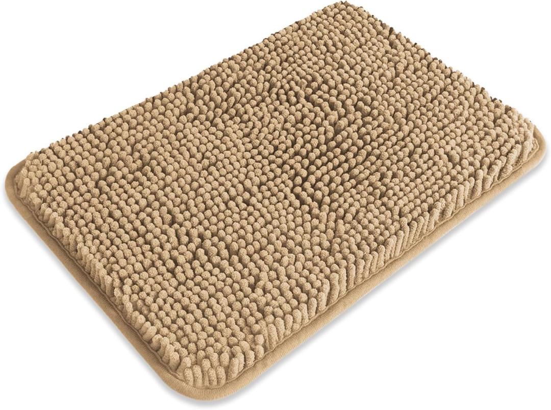 Small Bathroom Rug 12"x18"  Washable and Absorbent Bath Mat, Non Slip, Thick Soft Chenille Bath Rugs for Bathroom, Shower, Sink, Dog mat(Beige)
