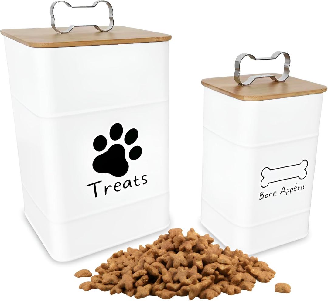 Dog Treat Container w/ Airtight Bamboo Lid 2 Pack - Farmhouse Large Treats Jar - Dog Treat Jars for Kitchen Counter - Dog Treat Jar - Metal Canister for Cookies & Biscuits - Pet Treat Container