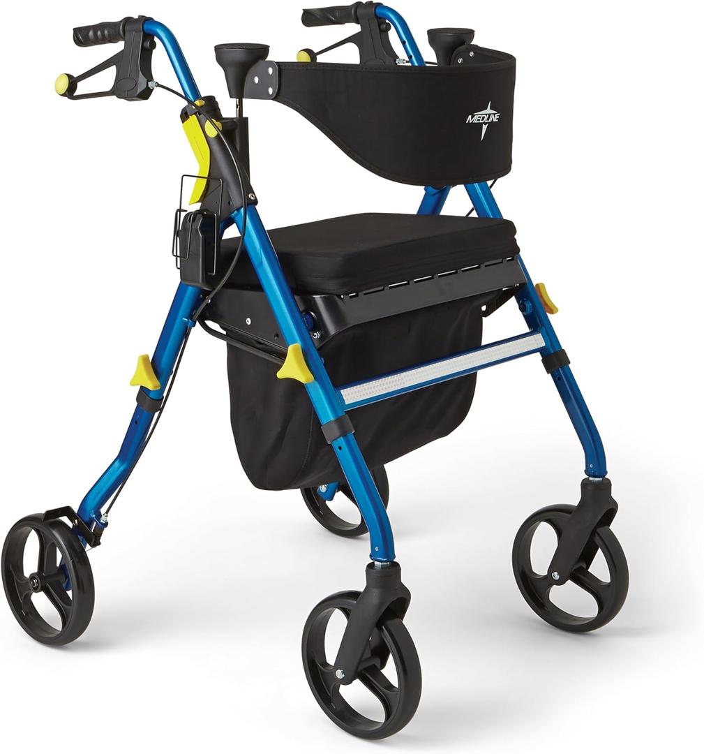 Medline Premium Empower Folding Mobility Rollator Walker with Memory Foam Seat, Black & Blue, 300 lb. Weight Capacity, 8 Wheels, Cupholder, Rolling Walker for Mobility Impairment, Adjustable Handles