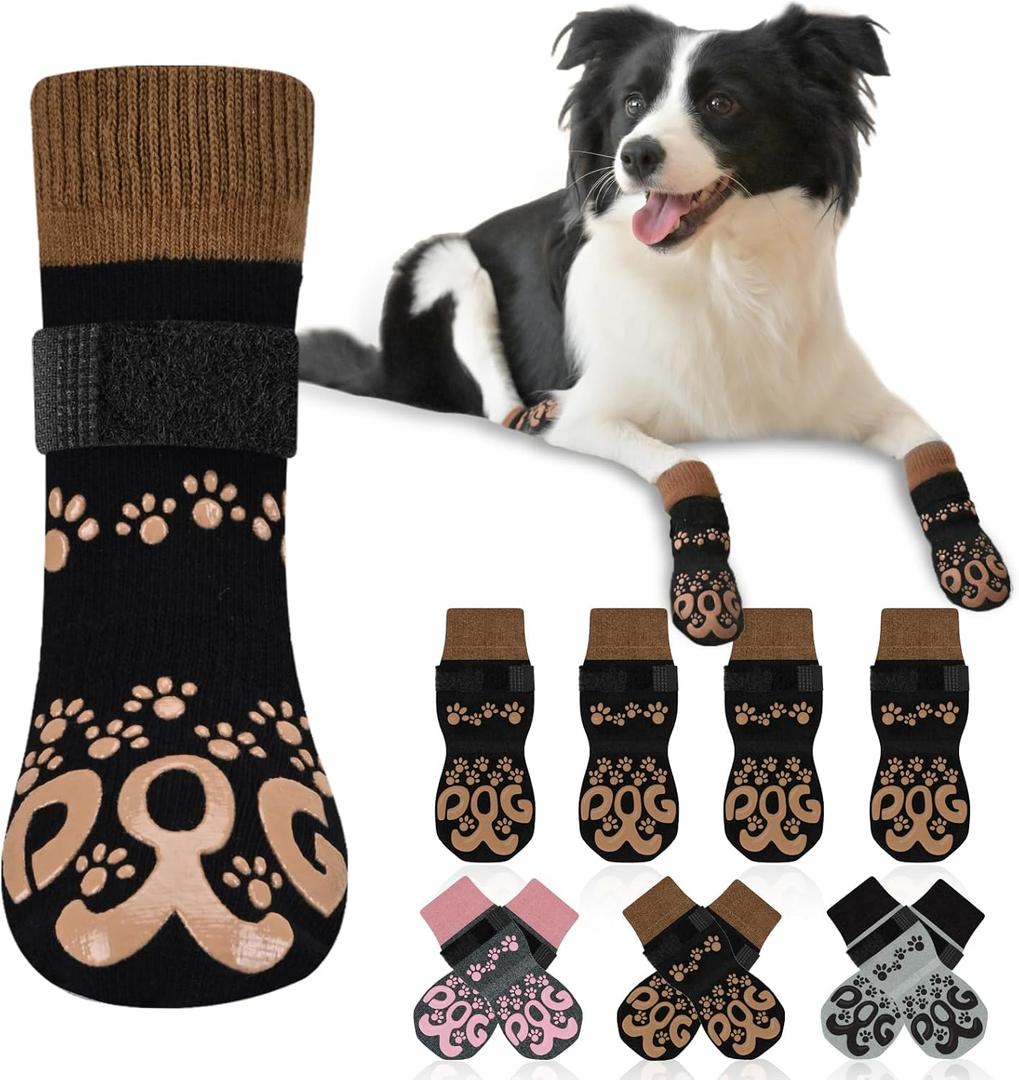 Anti Slip Dog Socks to Prevent Licking Paws - Double Side Paw Covers Dogs Grip Sock for Hardwood Floors, No Twist Dog Booties Grippy Socks for Small Medium Large Senior Dogs, Black and Caramel, M