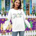 Womens Mardi Gras Shirt Stripes Fat Tuesday Tee Shirt Sequin New Orleans Carnival Party Long Sleeve Top (White, L)