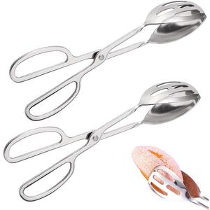 2 Pieces Buffet Salad Tongs for Kitchen Serving and Cooking, Stainless Steel Food Scissor Tongs, Catering Utensil for Bread Cake Bake Steak Barbecue (Silver)