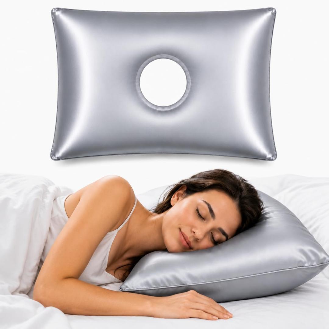 Rectangular Satin Silk Piercing Pillow, Soft High Resilience PP Cotton Ear Pillow with Central Hole for Side Sleepers, Comfort Pressure Relief Donut Sleep Cushion (Gray)