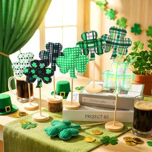 Bucherry 8 Pack St Patrick's Day Fabric Tall Standing Shamrocks Block Set Hearts Table Centerpiece Wood Sign St Patrick's Day Standing Blocks Tiered Tray Decoration for Farmhouse Home Office