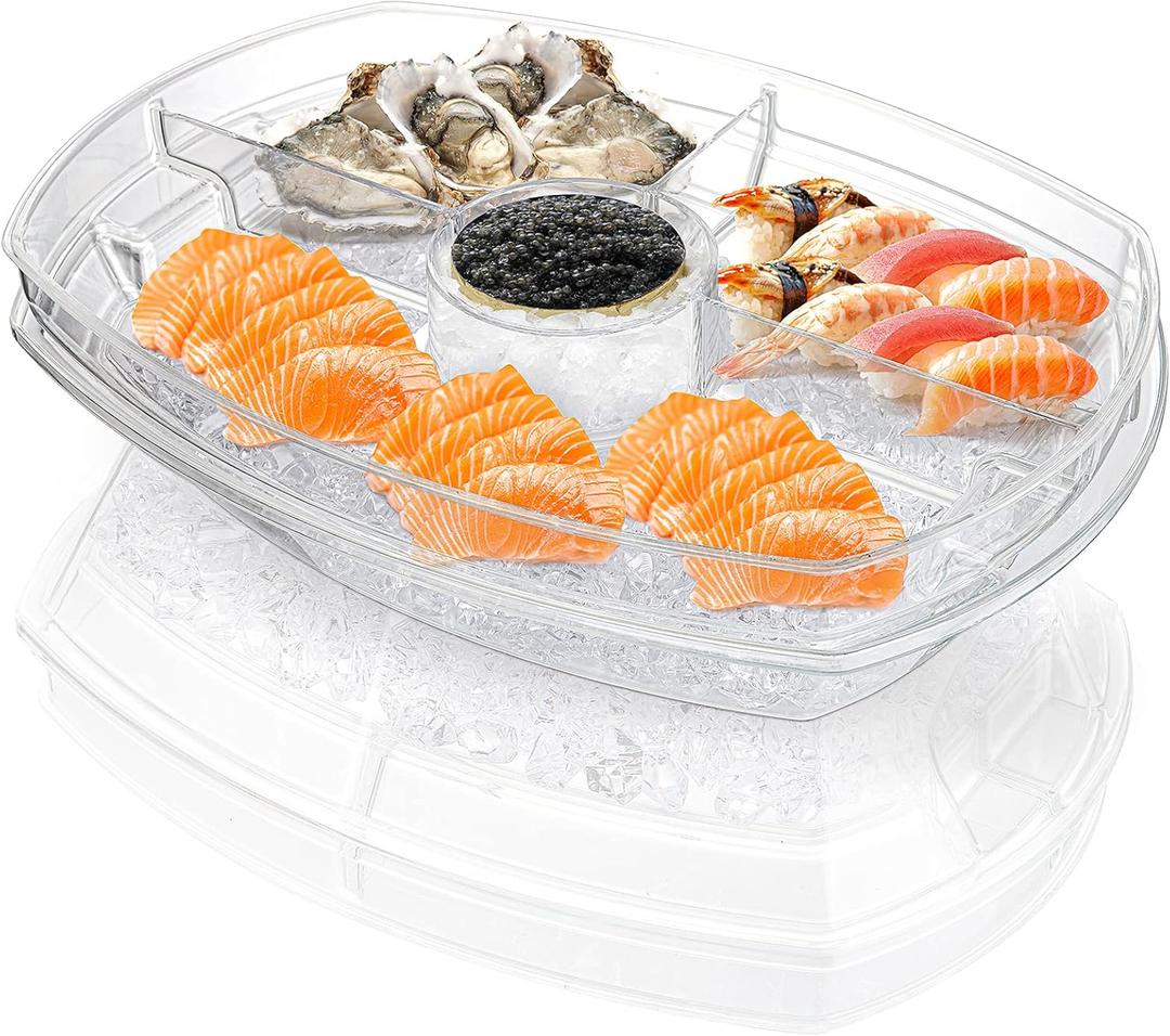 DEAYOU Ice Serving Tray for Party Food, Chilled Serving Platter Dish with 4 Compartments, 15" Flip-Lid Divided Serving Bowl for Appetizers, Fruits, Vegetables, Salads, Shrimp Cocktail, 2 Layers