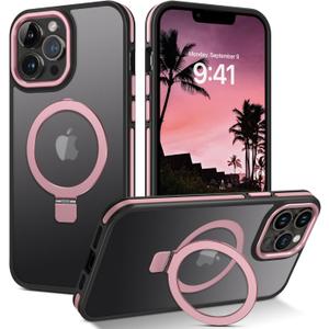 DUEDUE for iPhone 14 Pro Max Case Magnetic with Ring Holder[Compatible with Magsafe], Translucent Matte Back Cover Slim Shockproof Kickstand Phone Case for iPhone 14 Pro Max 6.7", Black/Pink