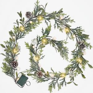 6FT Snowy Garland Christmas, Pre-lit Garland with 20 LED Lights, Pine Cones, White Berry&Ball, Battery Operated with Timer, Indoor Christmas Decoration for Holiday New Year