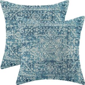 Boho Pillow Covers 18x18 Set of 2, Teal Carpet Pattern Decorative Throw Pillows Linen Ethnic Design Farmhouse Cushion Pillow Covers for Sofa Couch Outdoor Decor