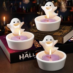 3PCS Ghost Candle Holder, Halloween Cute Cartoon Small Ghost Candle Holder, Tealight Handcrafted Ceramic - White Candlestick for Table Centerpiece, Small Candle Holders Perfect for Tea Light