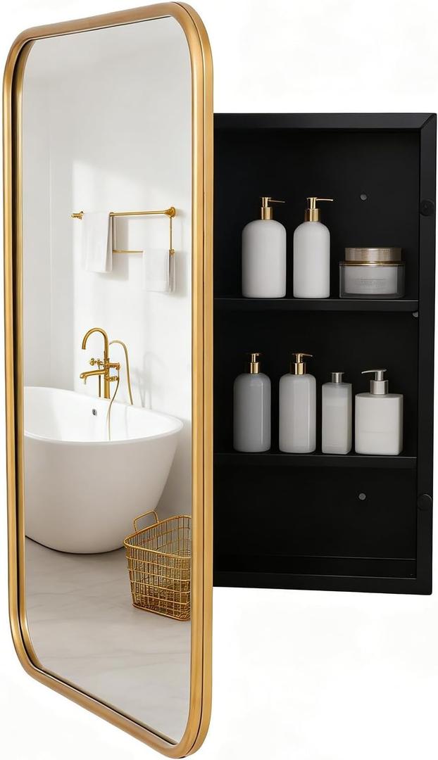 Brushed Metal Medicine Cabinet, no Rounded Rectangle Bathroom Mirror with Storage, 2 Adjustable Shelves, Recessed or Surface Mount Mounting, Reversible Door (Brushed Gold, 24x32)