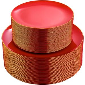 PULOTE 100PCS Red Plastic Plates Disposable Heavy Duty  Include 50 Dinner / 50 Dessert Plates for Party & Christmas