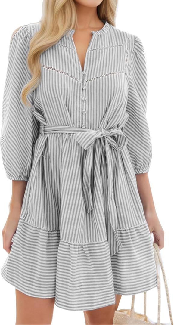 ECOWISH Women Striped Shirt Dress: Casual V Neck Button Down 3/4 Sleeve Belted Ruffle Flowy Midi Dress with Pockets S