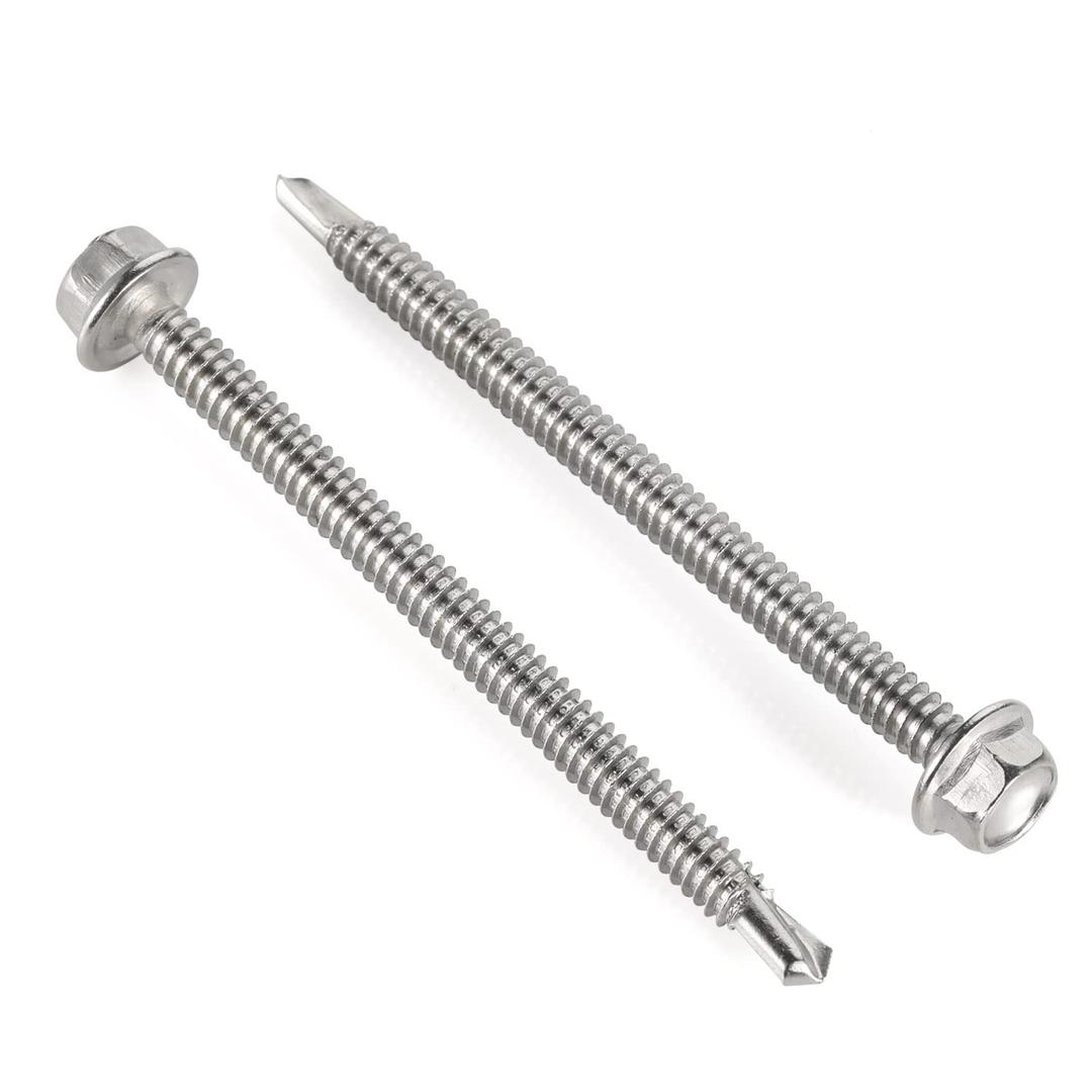 #8 x 2" Hex Washer Head Self Drilling Screws, Self Tapping Sheet Metal Tek Screws, 410 Stainless Steel, 50 PCS