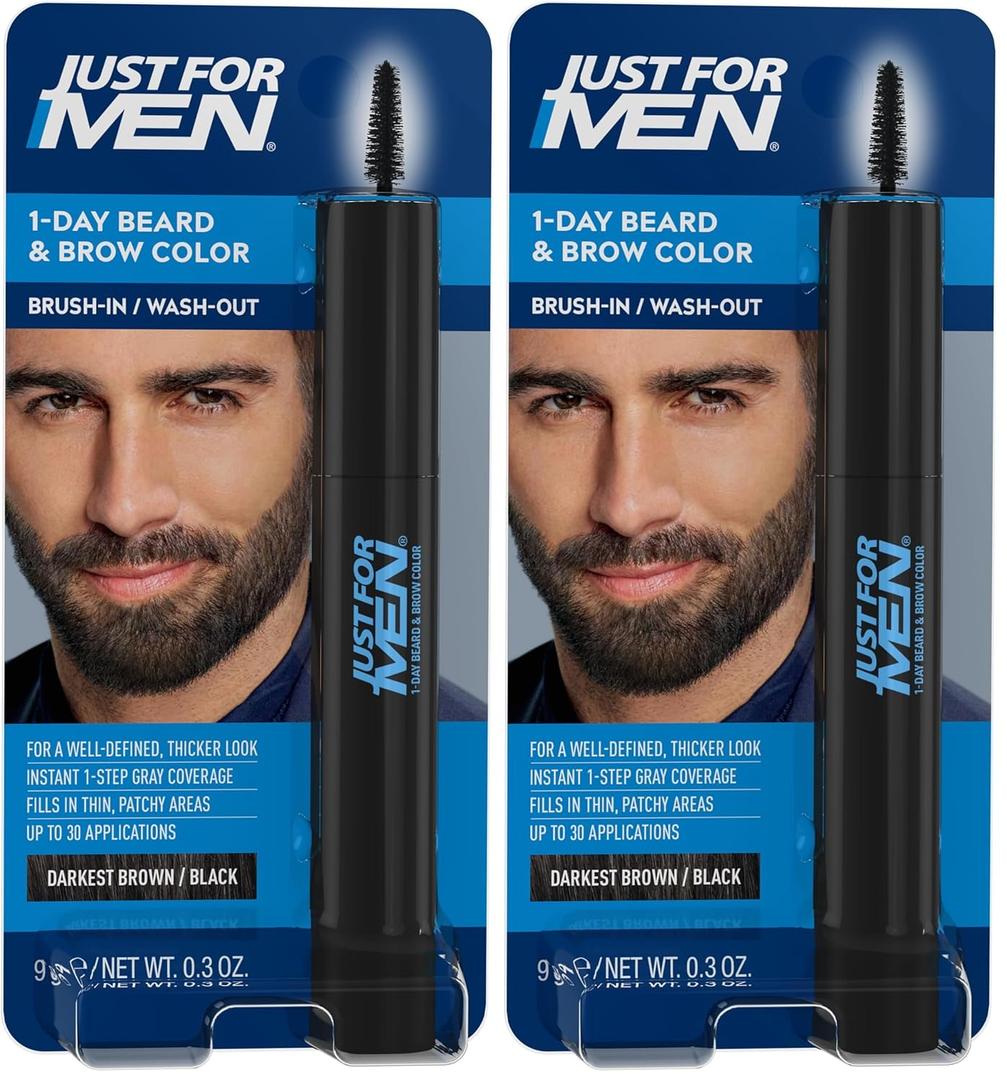 Just for Men 1-Day Beard & Brow Color, Temporary Color for Beard and Eyebrows, For a Fuller, Well-Defined Look, Up to 30 Applications, Darkest Brown/Black (Pack of 2)