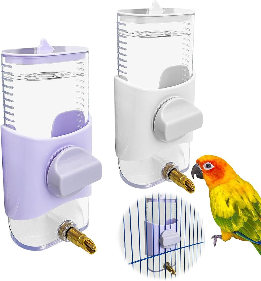 PINVNBY 2 PCS Automatic Bird Water Dispenser 9.47 Fl Oz Parakeet Water Dispenser for Cage Suspended Water Feeder Bird Cage Accessories for Budgie Lovebird Cockatiel Finch (White + Purple)