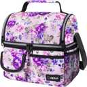 opux Insulated Lunch Bag Women Men, Dual Compartment Leakproof Lunch Box Adults Kids, Double Decker Meal Prep Bento Lunch Cooler Tote with Shoulder Strap for Work Office School Travel, Floral Purple