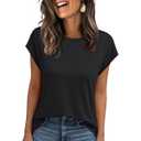 Bliwov Womens Tops Contrast Lace Short Sleeve 2024 Casual Summer Trendy Basic Tee Shirts Solid Color Loose Fit T-Shirts,Black,M