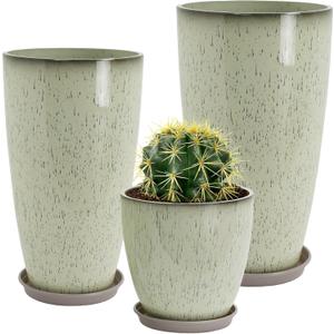 Neoaider 24/21/12 Inch Large Plastic Planter, Lightweight Ceramic-Look Tall Planters with Drain Hole & Saucers, Tall Plastic Planters for Porch, Garden, Patio, Balcony(Drip Glaze)