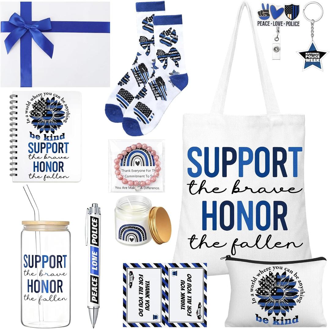 Remerry 12 Pcs National Police Week Gifts Officer Appreciation Gifts for Women Bulk Include Tote Bag Cup Bracelet Socks Candle Notebook Card for Cop Law Enforcement Graduation Retirement