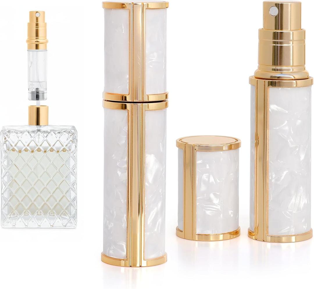 Ms Lovely Pearlescent Travel Perfume Atomizer Bottle  5ml Refillable Mini Spray for Purse, TSA Approved Portable Fragrance Dispenser (White and Gold)