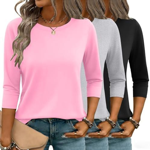 Zeagoo Women Tops 3 Pack 3/4 Sleeve Crewneck Cute Basics Tees Casual Fashion Spring Summer T Shirts Business Work Tee Top XL