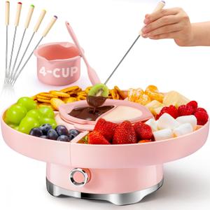 Chocolate Fondue Pot Set Electric Melting Machine, 4-Cup Capacity 4 Trays 5 Forks 1 Spatula Cheese Warmer, Ideal Gift for Couple Family & Date Night Idea House Warming Holidays Essentials