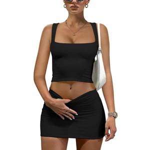 LAGSHIAN Women's Square Neck Sleeveless Tank Top Stretch Mini Skirt Summer Sexy 2 Piece Club Dress (Black)