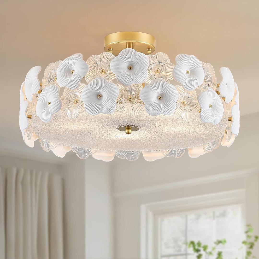 20" Gold Modern Semi Flush Mount Ceiling Light Fixture with Glass & Ceramic Flowers, 5-Light Glass Drum Chandelier for Living Room Dining Room Kitchen Bedroom Bathroom Entryway Hallway Closet Laundry