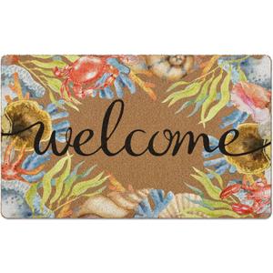 XLDLIOO Beach Coastal Welcome Door Mat, Summer Doormat, Ocean Welcome Front Door Mat Indoor Outdoor Entrance, Beachy Seashell Artificial Coir Doormats Rugs for Patio Entry Home Decor, 30x17in