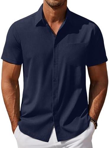 COOFANDY Mens Cool Button Down Shirt Short Sleeve Summer Beach Shirts Linen Texture Casual Shirts with Pocket, XL