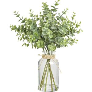 12" Artificial Eucalyptus Stems in Glass Vase with Faux Water, Realistic Eucalyptus Leaves Fake Plant Branch Greenery Decoration for Home Farmhouse Bathroom Kitchen Wedding Centerpiece Table Dcor (Lightgreen)