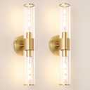 Gold Wall Sconces Set of 2, Hardwired Bathroom Vanity Light Fixture, Brass Sconce Wall Lighting, Modern Wall Light Set of Two, Cylinder Lamp for Bathroom Mirror Hallway Bedroom (Bulbs Required) (Clear Glass)
