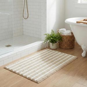 GRANNY SAYS Striped Bathroom Rugs Non Slip, 16" x 24", Bath Rugs for Bathroom Washable, Bath Mats for Floor, Microfiber Bath Mat for Tub, Absorbent Bath Rugs for Shower Room, Beige