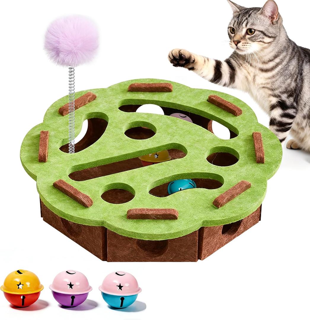 Interactive Cat Puzzle Toy for Indoor Cats, Felt Cat Puzzle Feeder Box with 3 Metal Balls and Wand. Cat Scratch Puzzle Enrichment Box for Self-Play & Encourages Hunting Instincts.