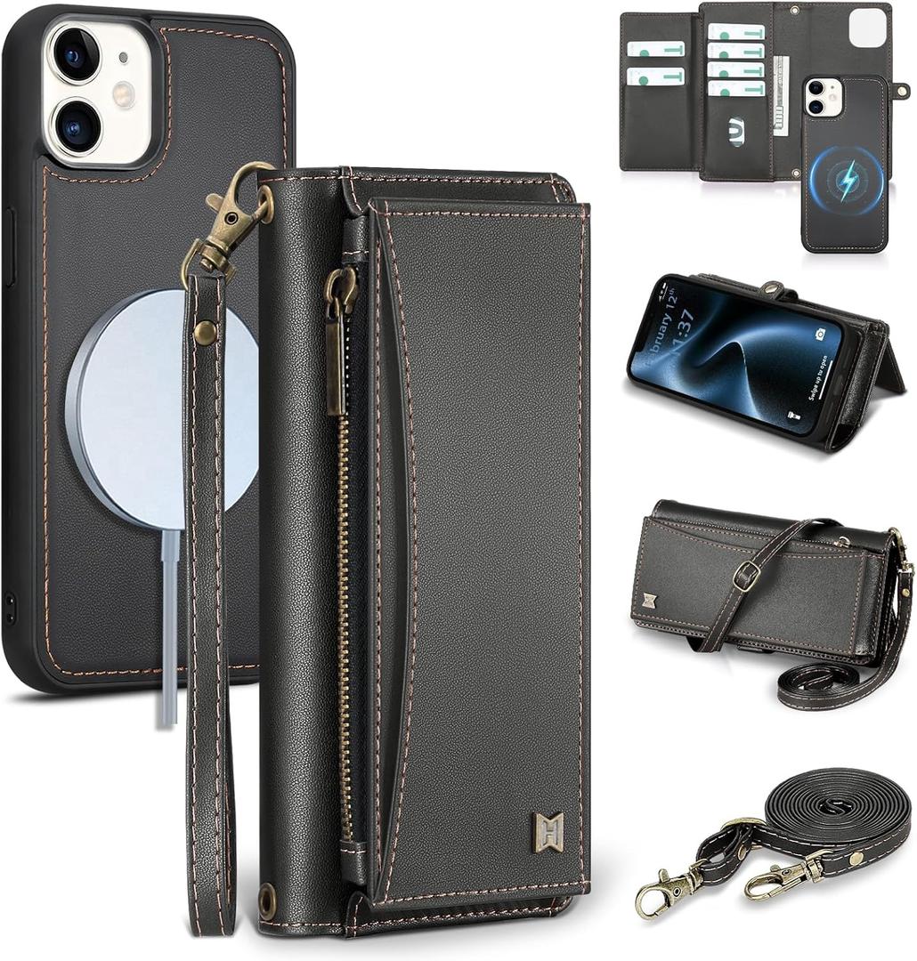 Wallet Case for iPhone 12/12 Pro with Card Holder/Crossbody Wallet/Strap| RFID Blocking | Magnetic | Kickstand | Detachable | PU Leather Phone Case for iPhone 12/12 Pro,6.1 in,Black