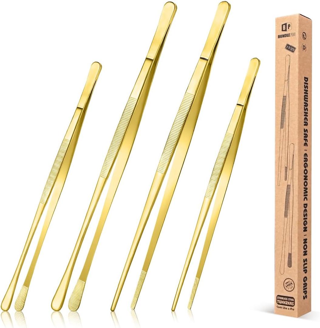 4 Pcs Fine Long Tweezer Tongs Professional Gold, 12'' and 10'' Stainless Steel for Kitchen, Food, Cooking, Repairing, Sea food and BBQ