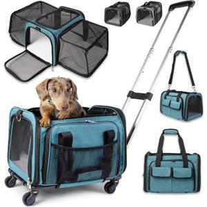 Pet Carrier with Wheels | United Delta American Frontier Airline Approved | Two Expandable Sides, Storage Pockets Adjustable Leash | Rolling Dog and Cat Carrier TSA Compliant (Blue)