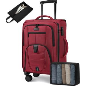LOVEVOOK Carry On Luggage Airline Approved, Suitcases with Spinner Wheels, Softside Carry-on Luggage with TSA Lock for Women Business Trip, Lightweight Large Capacity Luggage for Travel, Burgundy Red 22 x 9 x 14 inches
