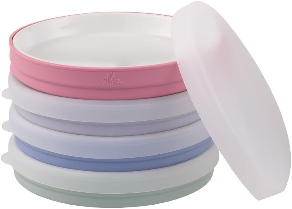 Elk and Friends Kids 7.8 Porcelain White Plates with Silicone Sleeves + Lids | Suitable for Babies/Toddlers | Microwave & Dishwasher Safe | Non Slip Dinnerware | Snack Dishes | 4 Pack (Sage/Plum/Lilac/MistyBlue)